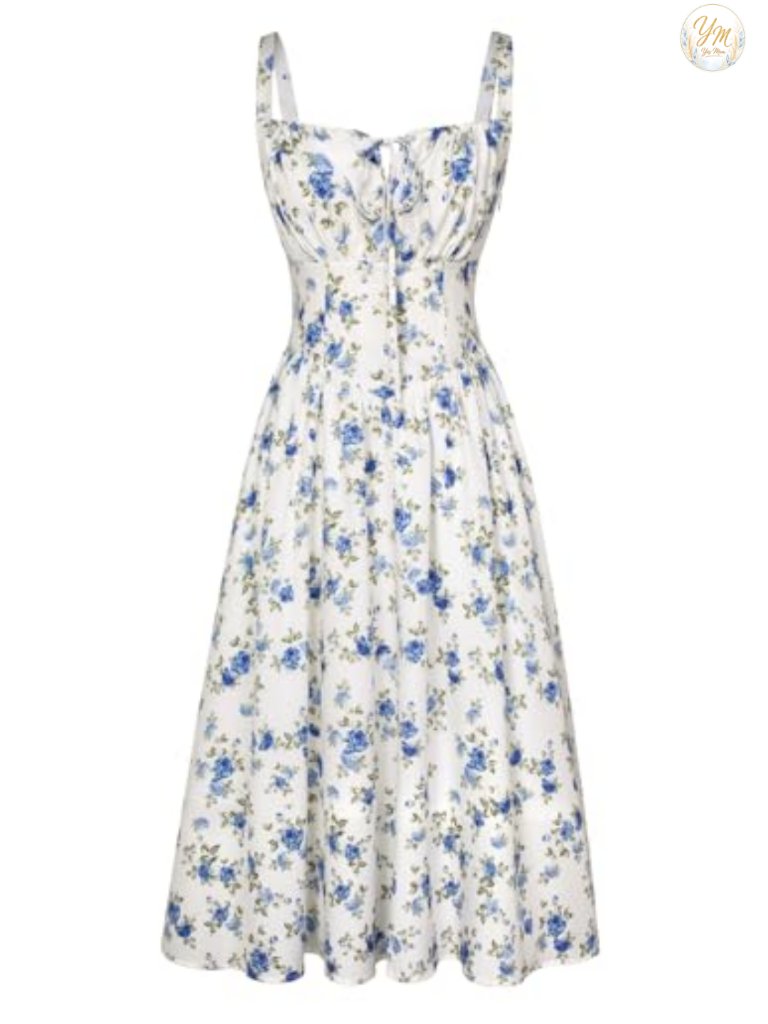 Floral Corset Midi Dress With Pockets Adjustable Straps Square Neck Smocked Back